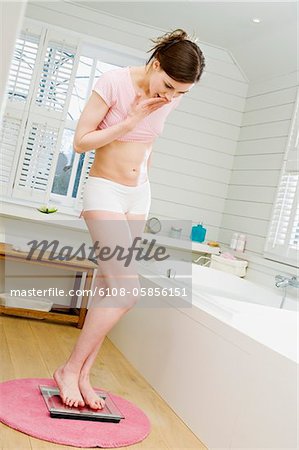 Young Woman On Scales In Bathroom Hand Over Mouth Stock Photo Masterfile Premium Royalty Free Code 6108