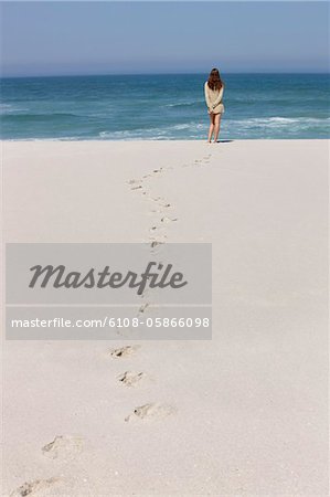 Rear view of a woman standing on the beach