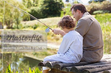 Father and son fishing in a lake