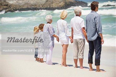 Rear view of a multi generation family standing on the beach