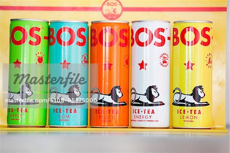 Assorted ice tea cans in a restaurant