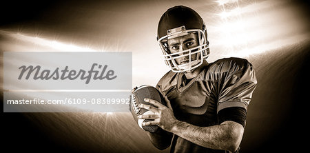 Composite image of portrait of american football player being about to throw football