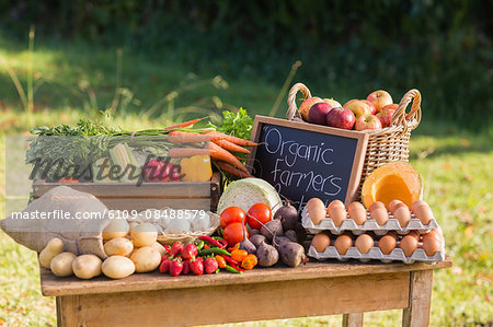 Table of fresh produce at market on a sunny day