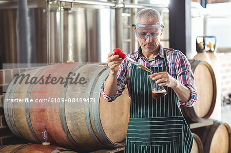 Happy brewer checking his produce at the local brewery