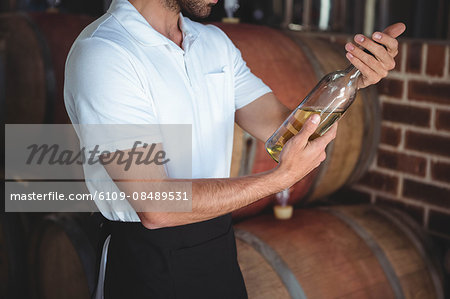 Winemaker examining bottle of white wine at the winefarm