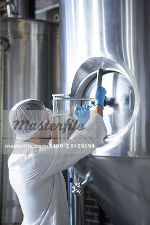 Focused brewer working in the plant at the local brewery