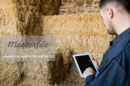 Side view of farm worker using digital tablet by hay bales in barn