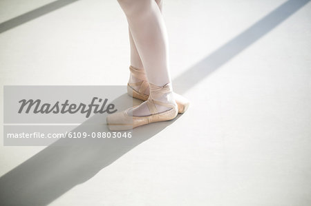 Low section of ballet dancers feet performing ballet dance in the ballet studio