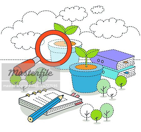 Illustration of magnifying lens and potted plants