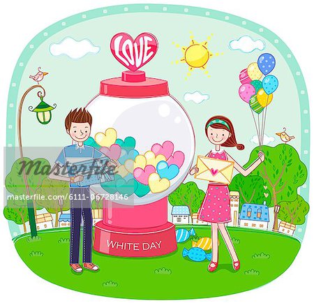 Couple With Gifts And Balloons And Candy Dispensing Machine