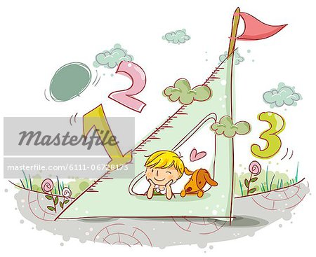 Illustration of boy and dog looking through triangle