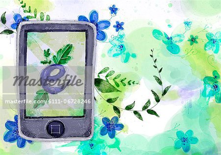 Mobile Phone With E Symbol On Flora Background