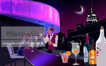 Illustration of people at the bar counter