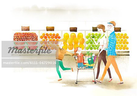 Family Holding Shopping Cart At Vegetable Shop