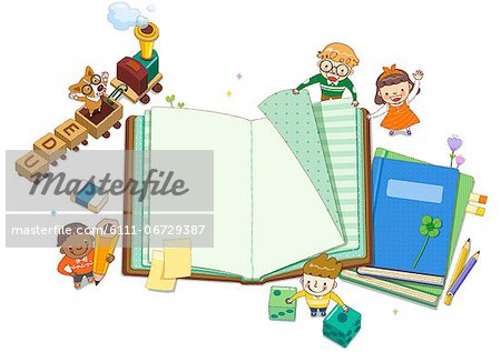 Children With Books And Pencil