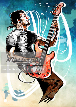 A graphic design illustration of a musican playing guitar.