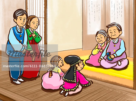 An illustration showing a Korean family engaging in a traditional activity.