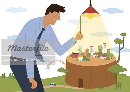 Businessman looking city on tree stump