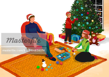 An illustration showing a family celebrating christmas.