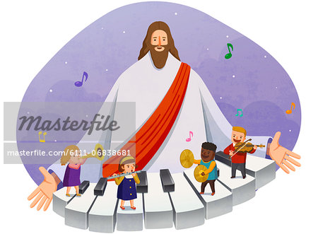 children playing musical instruments with jesus christ in background