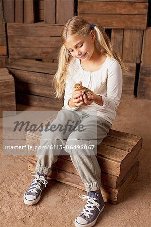 Girl holding chick in barn