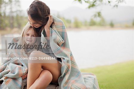 Portrait of smiling daughter wrapped in blanket with mother at lakeside
