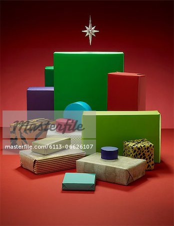 Stack of wrapped Christmas presents