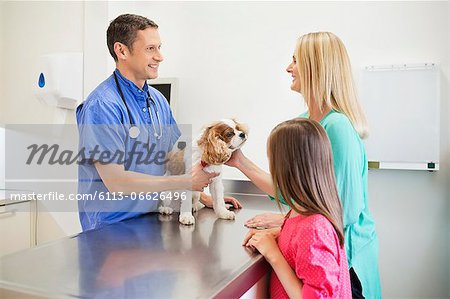 Veterinarian and owners examining dog in vet's surgery