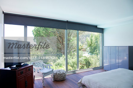 Modern bedroom with glass sliding doors