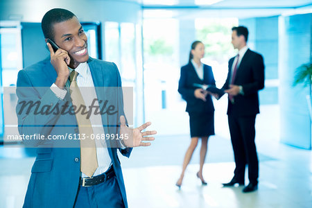 Smiling businessman talking on cell phone and gesturing in lobby