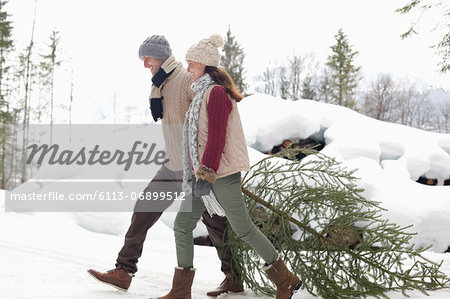 Happy couple dragging fresh Christmas tree in snow