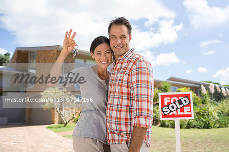 Portrait of smiling couple holding keys in front of new house
