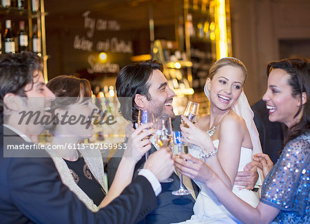 Friends toasting happy bride and groom at wedding reception