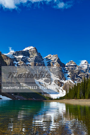 Snowy mountains overlooking glacial lake