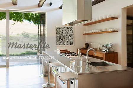 Modern kitchen overlooking patio and vineyard