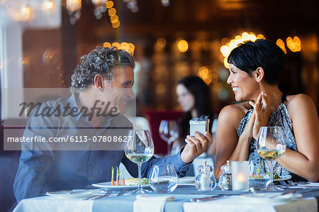 Mature man giving gift to smiling woman in restaurant