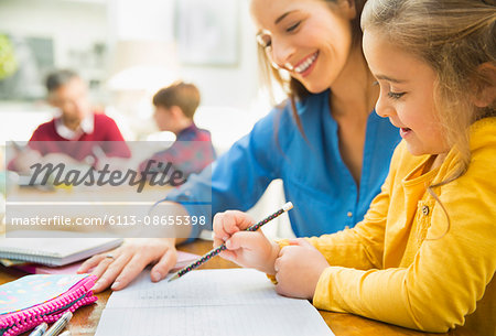 Mother helping daughter with homework