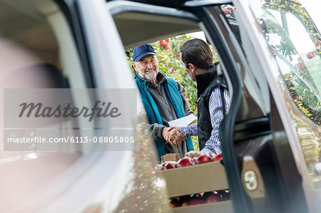 Male farmer and customer handshaking at truck in apple orchard Male farmer and customer handshaking at truck in apple orchard