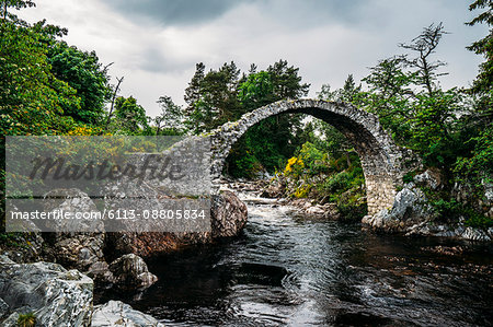 Arched footbridge over tranquil stream, Carrbridge, Scotland