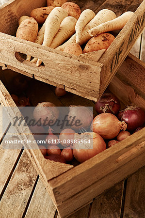 Still life fresh, organic, healthy root vegetables in wooden crates