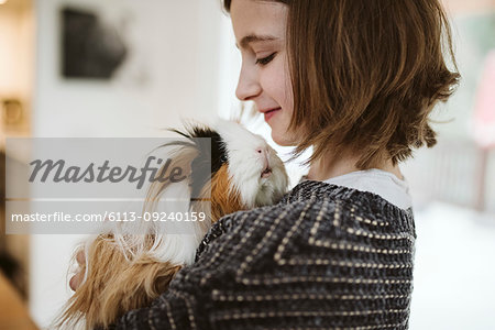 Girl holding cute, long haired guinea pig