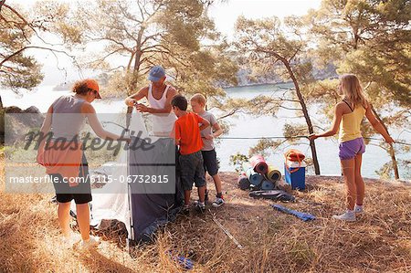 Croatia, Dalmatia, Family holidays on camp site, pitching the tent
