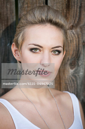 Young woman with blond hair, portrait, Munich, Bavaria, Germany