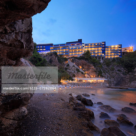 Tourist resort on the waterfront, illuminated at night, Dubrovnik, Croatia