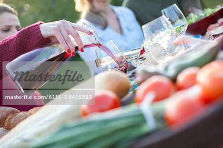 Pouring red wine into glass on garden party