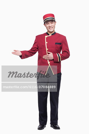 Portrait of Bellhop, Greeting, studio shot