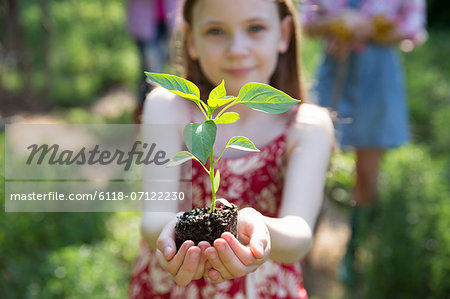 Garden. A Young Girl Holding A Young Plant With Green Foliage And A Healthy Rootball In Her Hands.