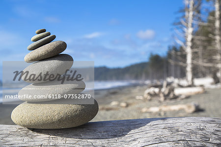 A pile of balancing smooth beach rocks near Rialto Beach, Olympic national park, in Washington, USA