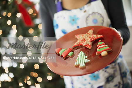 A woman wearing an apron holding a plate of organic decorated Christmas cookies.