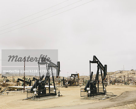 Oil rigs and wells in the Midway-Sunset shale oil fields, the largest in California